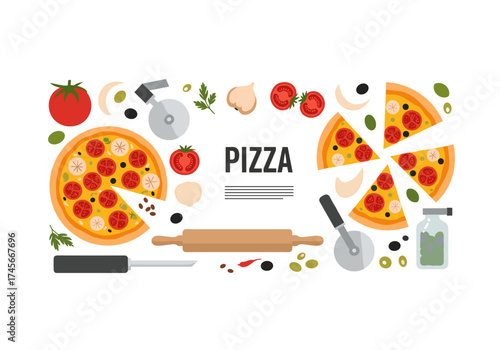 Delicious homemade pizza ingredients and preparation tools art.