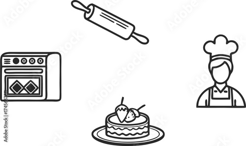 Delightful baking icons create sweet sensations for culinary projects, perfect for recipe books, bakery ads, and chef websites, a tasty visual treat