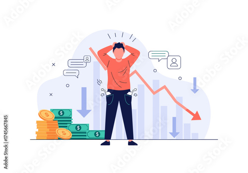 An illustrated graphic depicting financial loss and economic downturn with a stressed person checking empty pockets and a downward trending graph in the background.