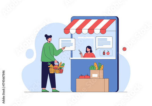 Customer buying groceries from a street food vendor using a mobile application online.