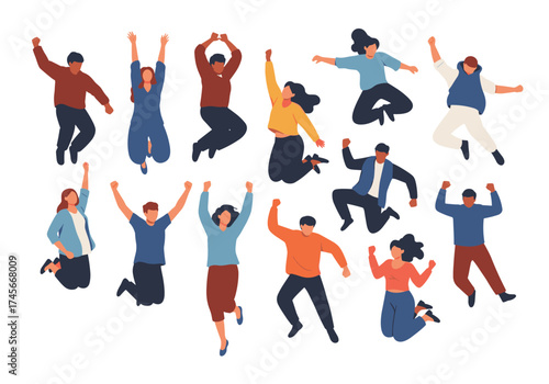 A diverse group of happy people jumping for joy in celebration of their success.