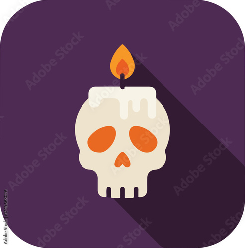 Minimalist illustration of a white skull candle with orange flame on purple background