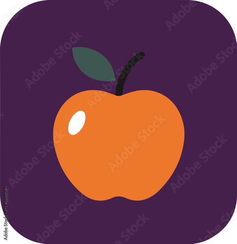 Single vivid orange apple with green stem on dark purple background