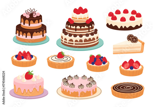 A delightful collection of freshly baked sweet desserts including cakes and tarts.