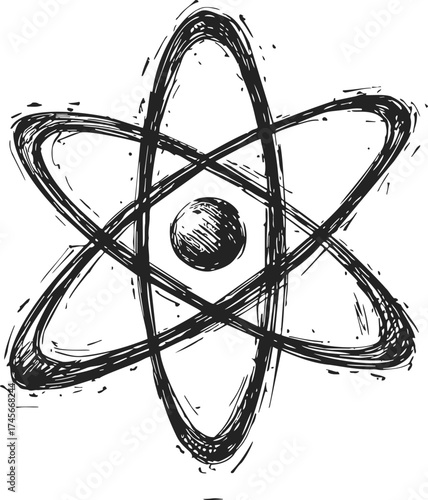 Atom symbol sketch, hand drawn vector, rough lines, central nucleus, orbiting electrons — stock vector
