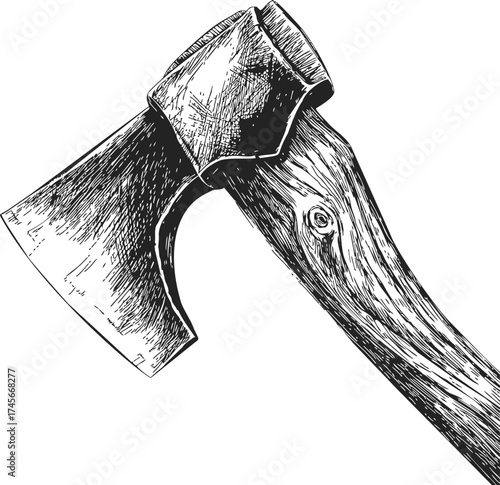 Axe sketch hand drawn rustic wooden handle detailed engraving — stock vector