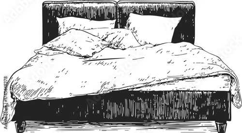Bed sketch hand drawn with pillows and blanket in messy arrangement — stock vector