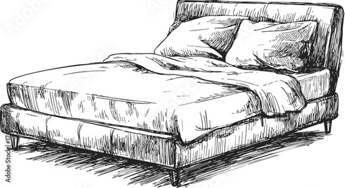 Bed hand drawn sketch illustration with pillows and bedding — stock vector