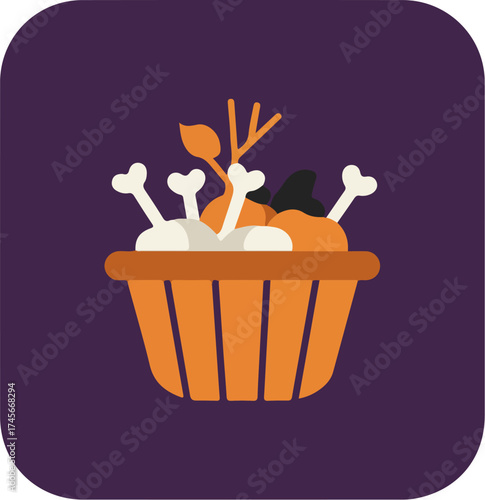 Rustic basket with white turkey drumsticks and pumpkin on deep purple background