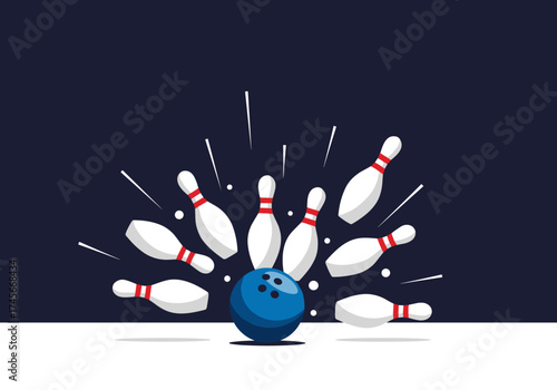 A blue bowling ball powerfully strikes ten pins causing them to scatter dramatically on the dark blue background.