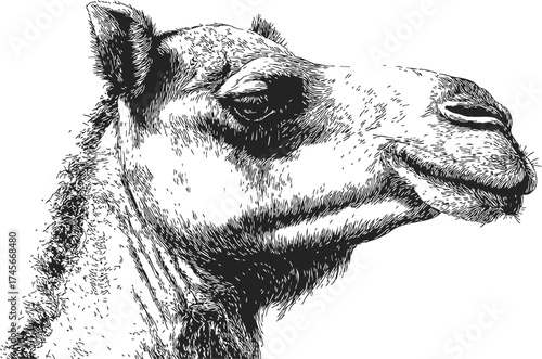 Camel head sketch, hand drawn style, detailed portrait in profile — stock vector