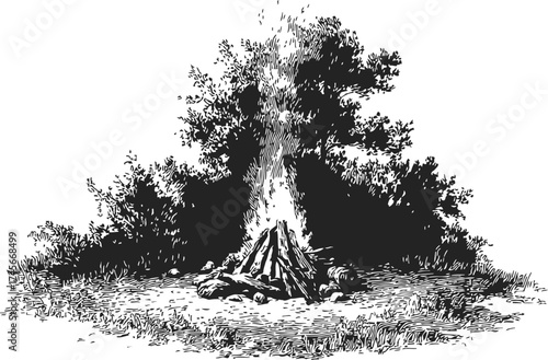 Campfire sketch hand drawn with smoke rising in forest clearing — stock vector