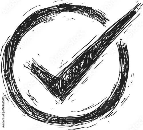 Check mark sketch hand drawn inside rough circle, black ink grunge style — stock vector