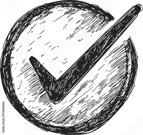 Check mark sketch hand drawn in rough circle, black ink line art — stock vector