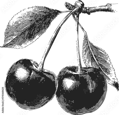 Cherries sketch hand drawn with leaves on branch detailed botanical style — stock vector