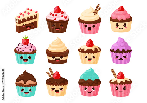 A collection of adorable cupcakes and a slice of cake with cute facial expressions is a delightful visual treat.