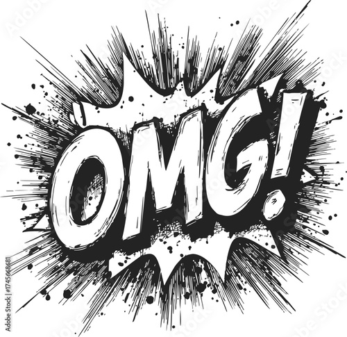 OMG comic text sketch hand drawn with explosive burst lines — stock vector