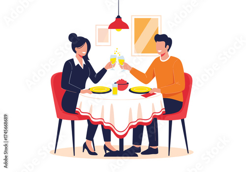 A couple enjoys a romantic dinner together raising their glasses in celebration.
