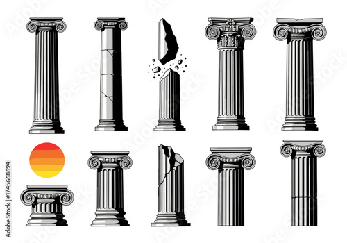 A collection of classical architectural columns in various states of preservation.