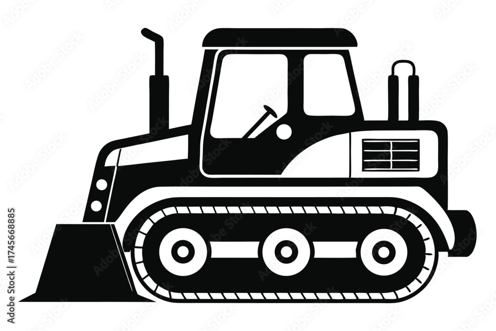 Naklejka premium Isolated Black and White Illustration of a Bulldozer with Tracks and Blade Isolated