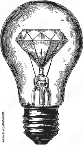 Light bulb sketch with diamond filament, hand drawn vintage style — stock vector