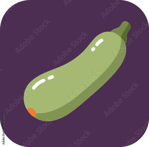 Single elongated eggplant with light green skin and dark green stem on dark purple background
