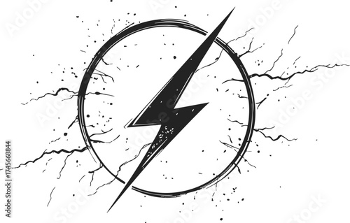 Lightning bolt sketch hand drawn inside circle with electric cracks — stock vector