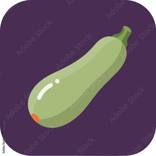 Close-up of a single zucchini with vibrant green skin and dark stem on a dark purple background