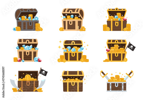 A collection of pirate treasure chests overflowing with gold coins and sparkling gems.