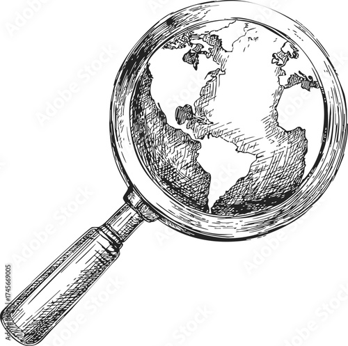 Magnifying glass with Earth globe hand drawn sketch style — stock vector