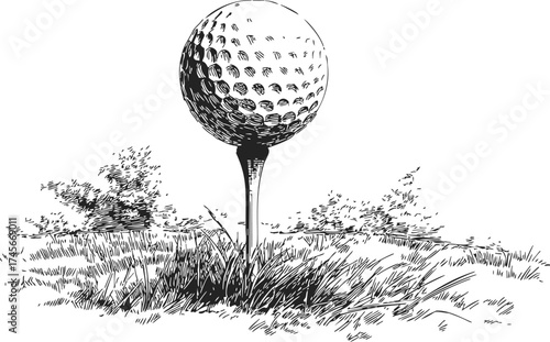 Golf ball sketch hand drawn on tee in grass field — stock vector