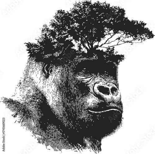 Gorilla head sketch hand drawn with tree crown nature fusion — stock vector