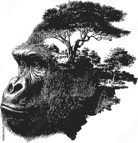 Gorilla head sketch with double exposure forest landscape and trees — stock vector
