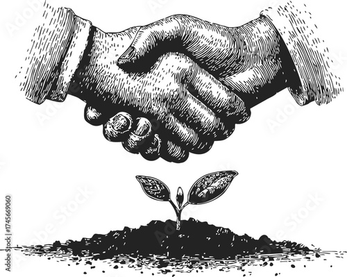 Handshake sketch above sprouting plant, hand drawn style, symbolizing partnership and growth — stock vector