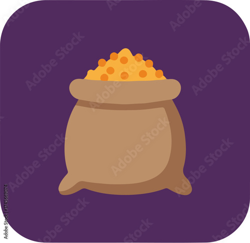 Rustic burlap sack filled with yellow-orange corn kernels against a dark purple background