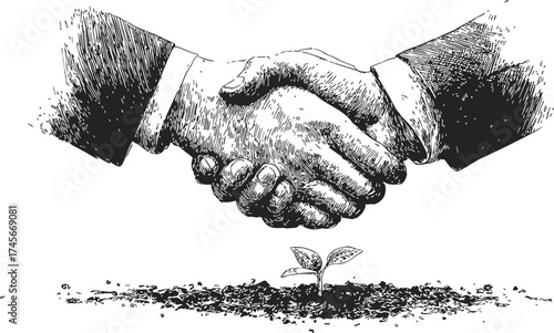 Handshake sketch hand drawn style with business suits and small plant growing below — stock vector