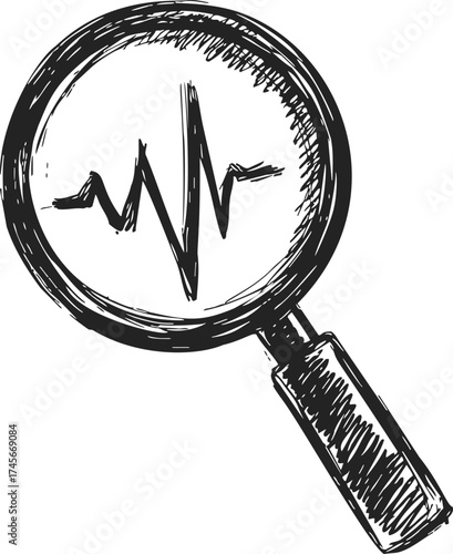 Magnifying glass sketch with heartbeat line inside, hand drawn style — stock vector