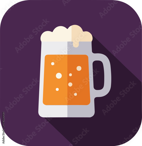 Flat design illustration of a beer mug with light beige froth and rich amber beer on a dark purple background