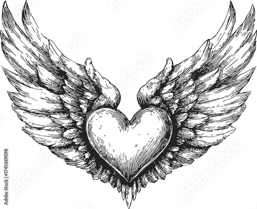 Winged heart sketch hand drawn vector with detailed feathered wings and vintage tattoo style — stock vector