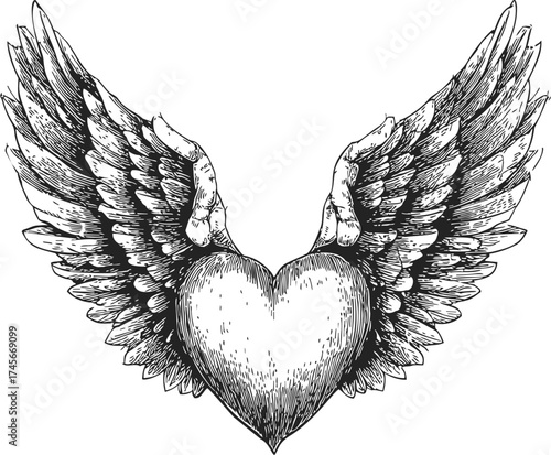 Heart with wings sketch, hand drawn line art, detailed feathered angel wings — stock vector