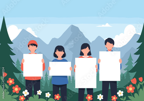 A group of young people holding blank signs in a beautiful natural landscape.