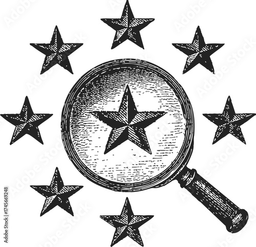 Magnifying glass sketch hand drawn with stars vintage engraving style — stock vector
