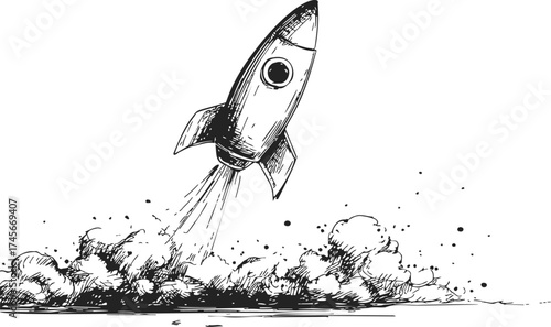 Rocket sketch hand drawn launching with smoke clouds and dynamic lines — stock vector