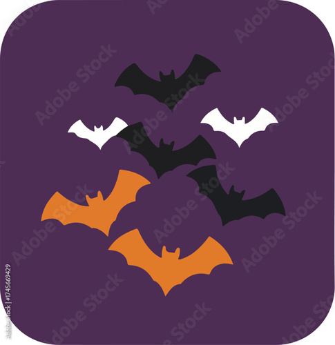 Dynamic arrangement of stylized bats in black, white, and orange on a deep purple background