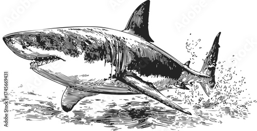 Shark sketch hand drawn style leaping from water with detailed splashes — stock vector