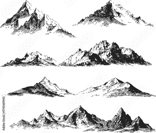 Mountains hand drawn sketch collection vintage engraved landscape peaks — stock vector