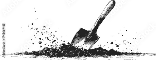 Shovel sketch hand drawn digging into soil with dirt flying — stock vector