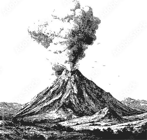 Volcano erupting with smoke plume hand drawn sketch engraving style — stock vector