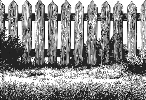 Wooden fence sketch hand drawn with grass and bushes in foreground — stock vector