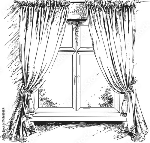 Curtains window treatment hand drawn sketch line art illustration — stock vector